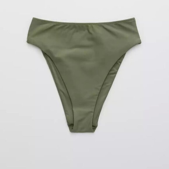 Aerie Wrap Halter Bikini Top and High Cut Cheeky Bikini in Olive Fun Medium - Picture 9 of 11